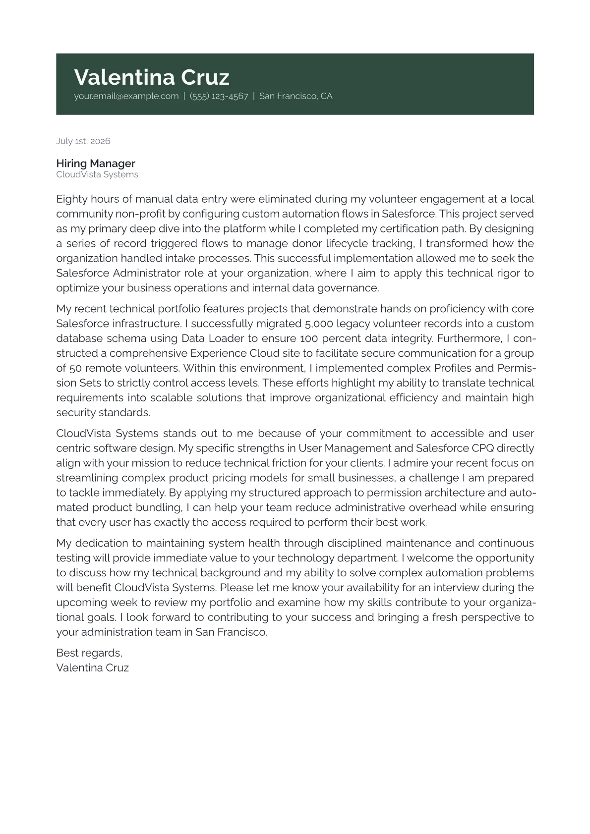 Salesforce Administrator cover letter in the Banner design