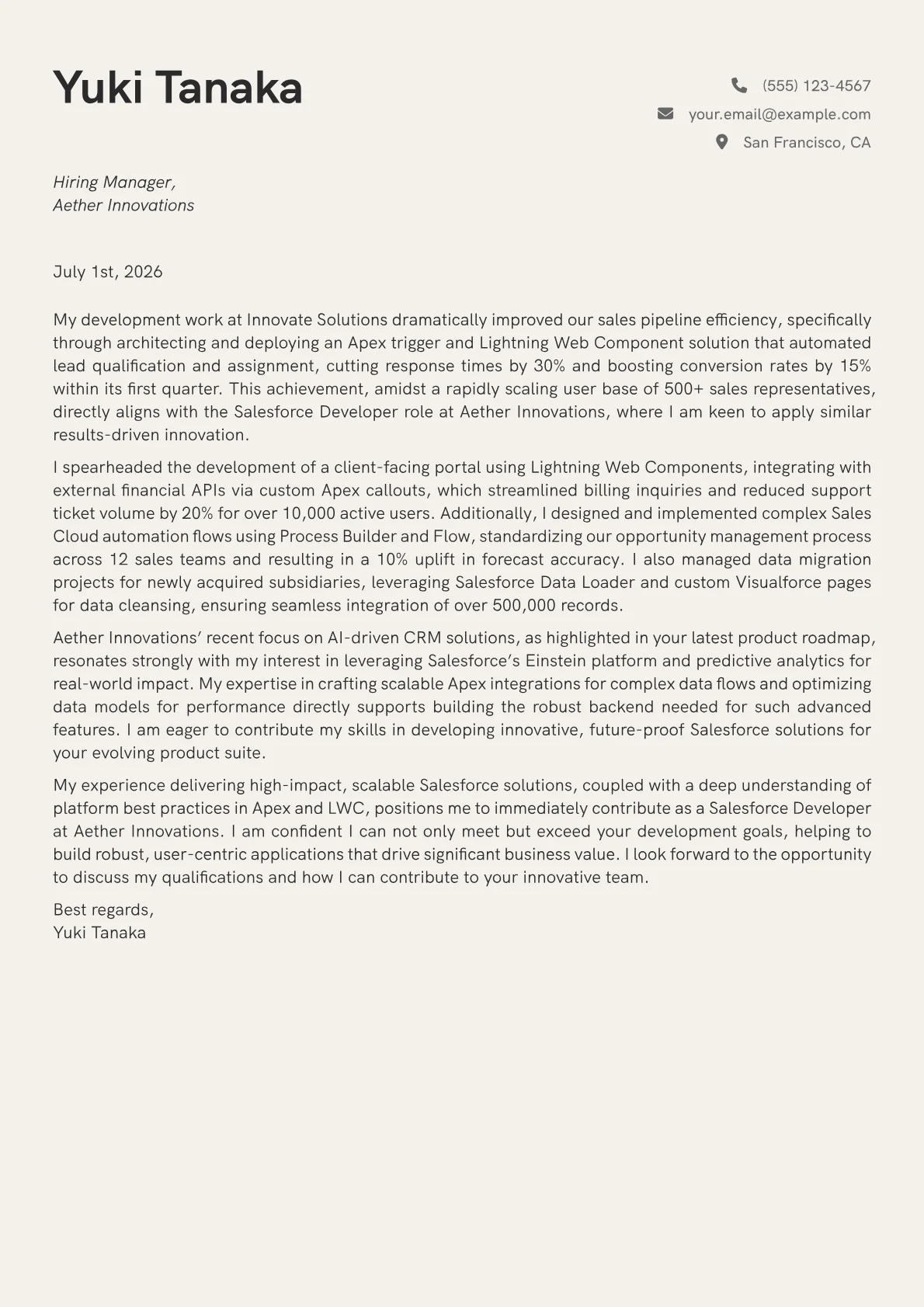 Salesforce Developer cover letter formatted with a JobSprout template