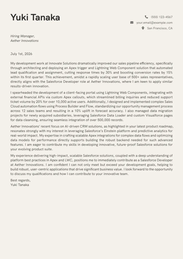 Salesforce Developer cover letter example preview