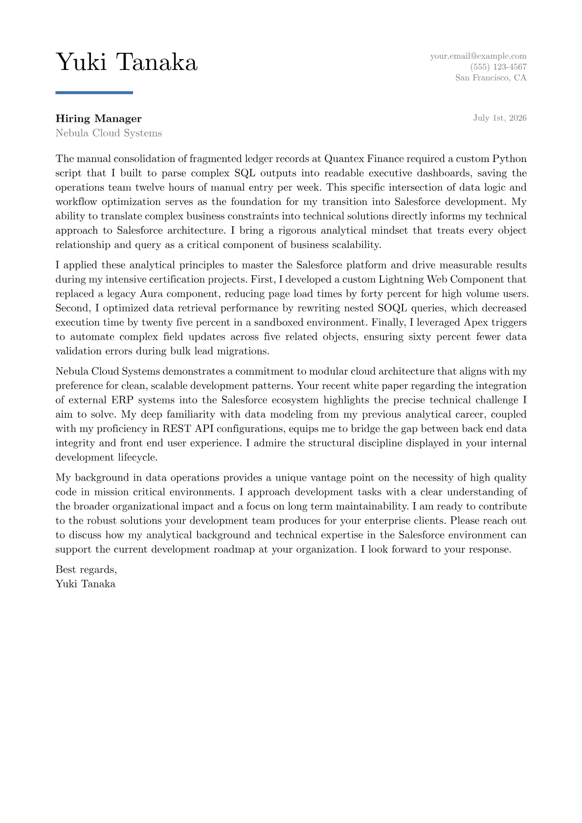 Salesforce Developer cover letter in the Executive design