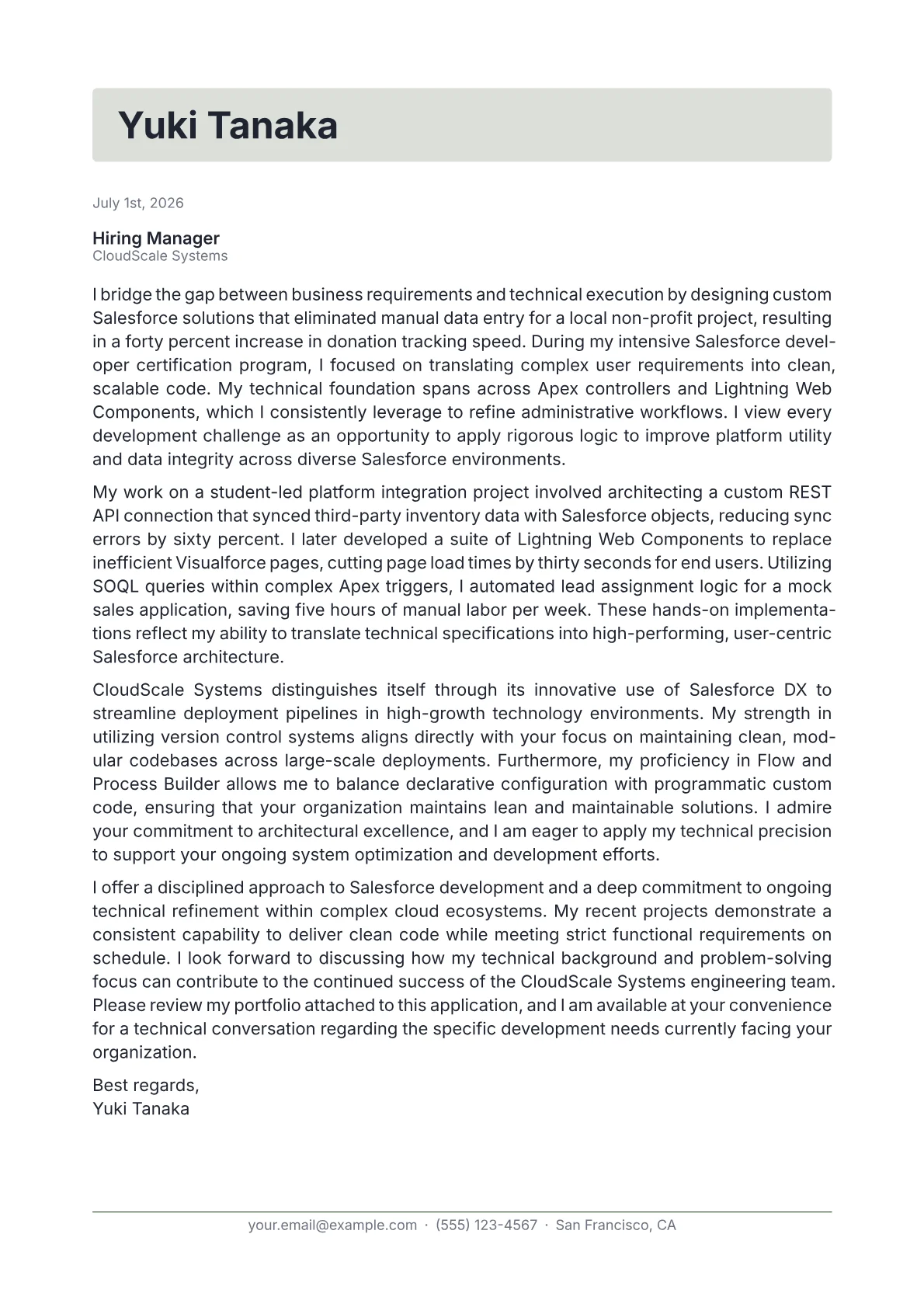 Salesforce Developer cover letter in the Letterhead design