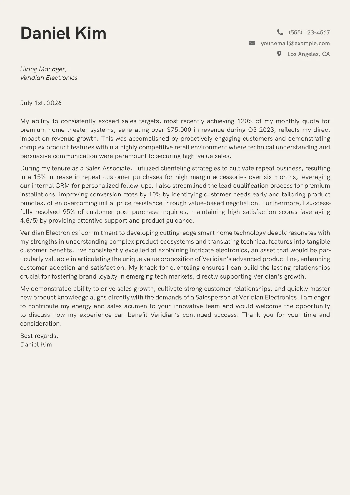 Salesperson cover letter formatted with a JobSprout template