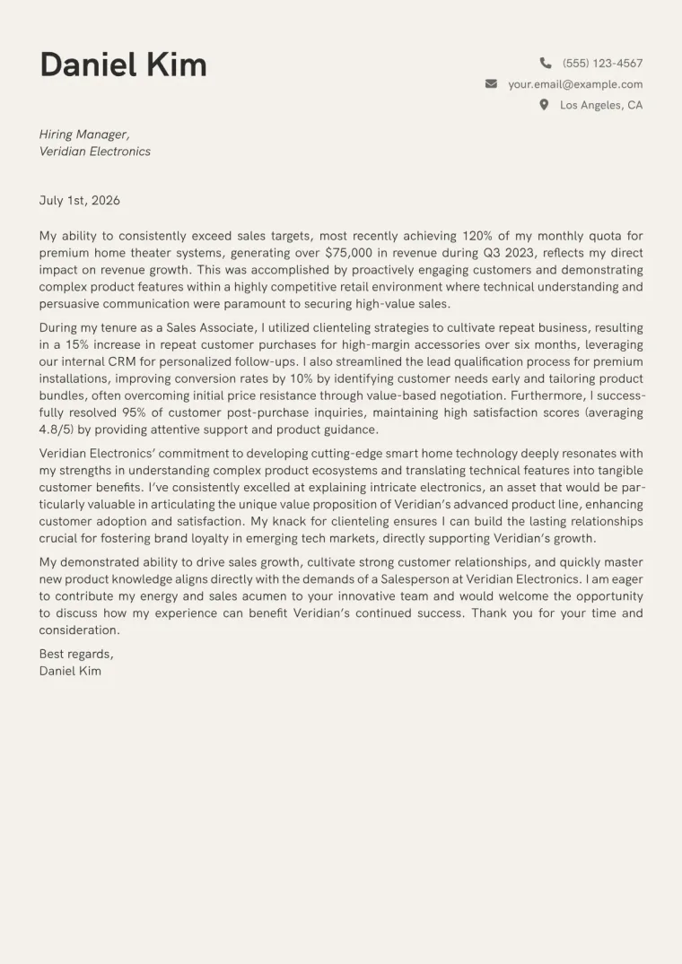 Salesperson Cover Letter Example