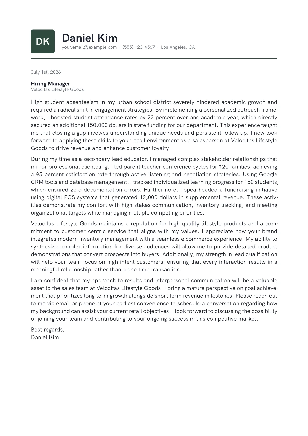 Salesperson cover letter in the Emblem design