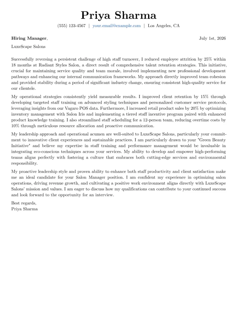 Salon Manager Cover Letter Example