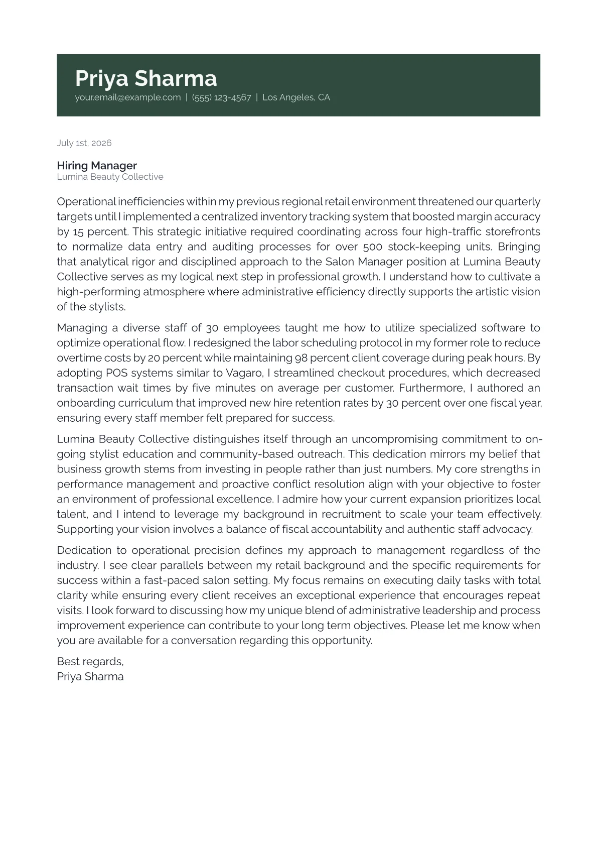 Salon Manager cover letter in the Banner design