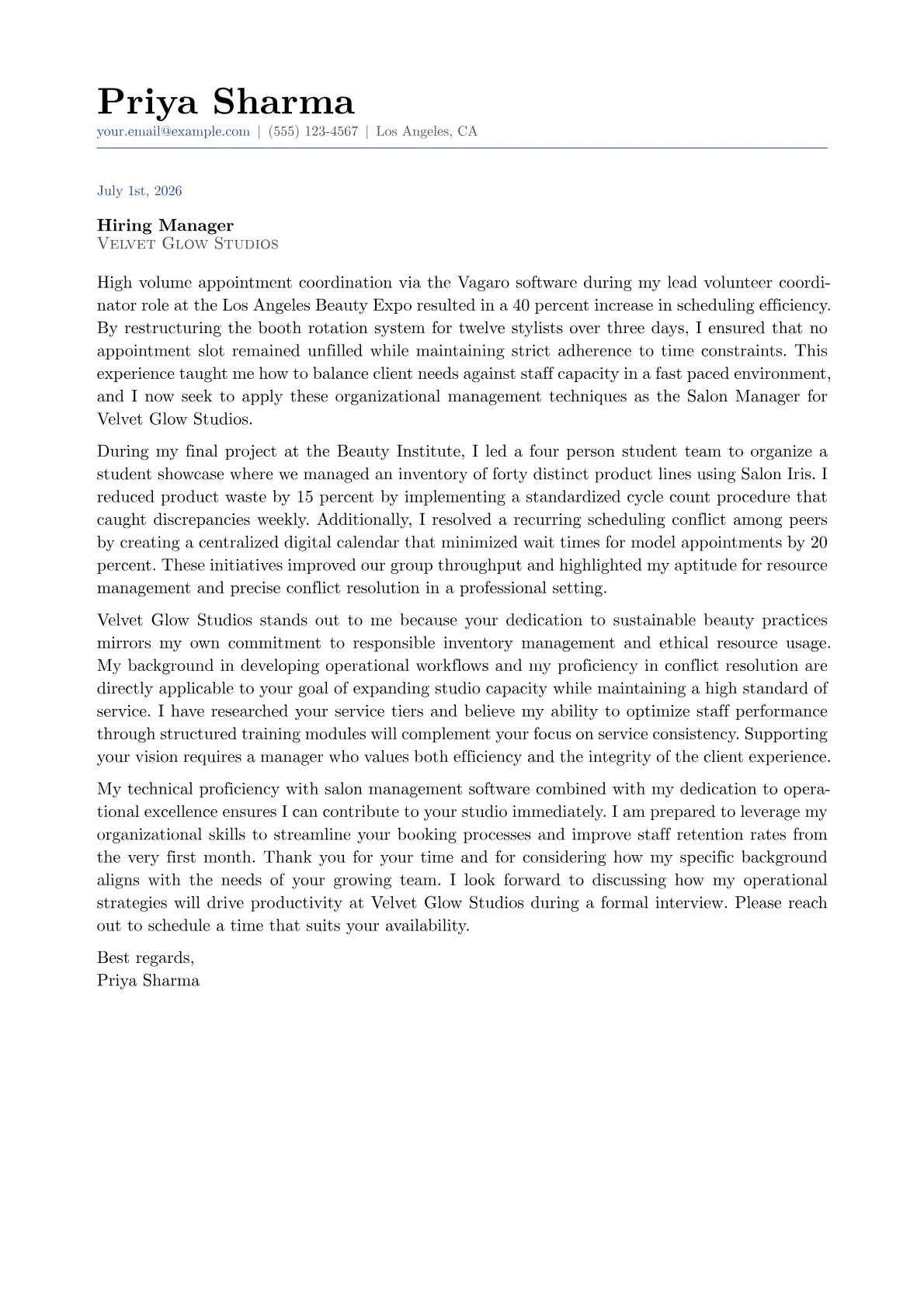 Salon Manager cover letter in the Classic design