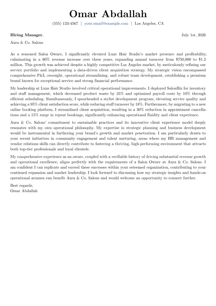 Salon Owner cover letter example