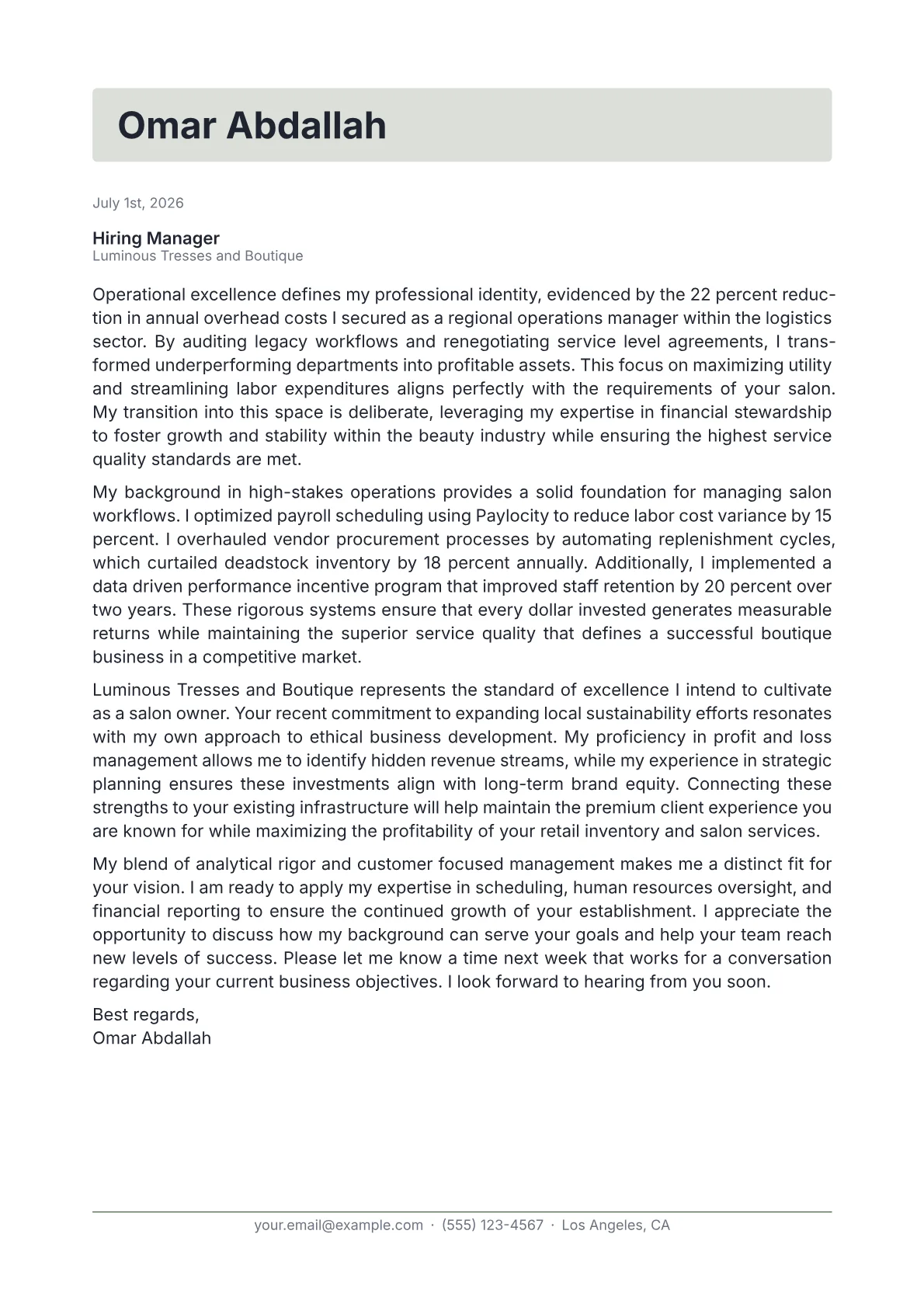 Salon Owner cover letter in the Letterhead design