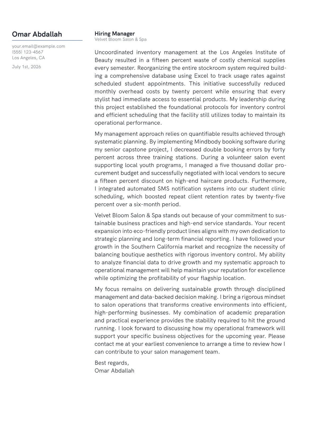 Salon Owner cover letter in the Margin design