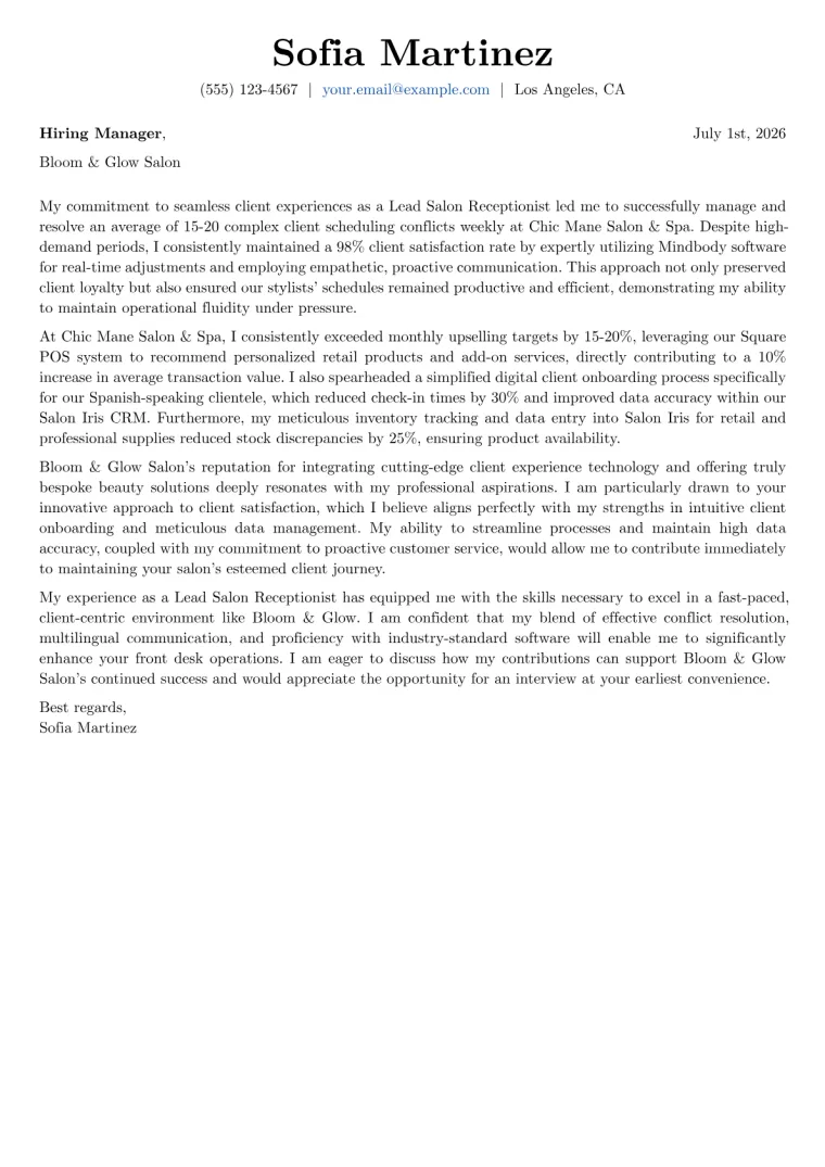 Salon Receptionist Cover Letter Example