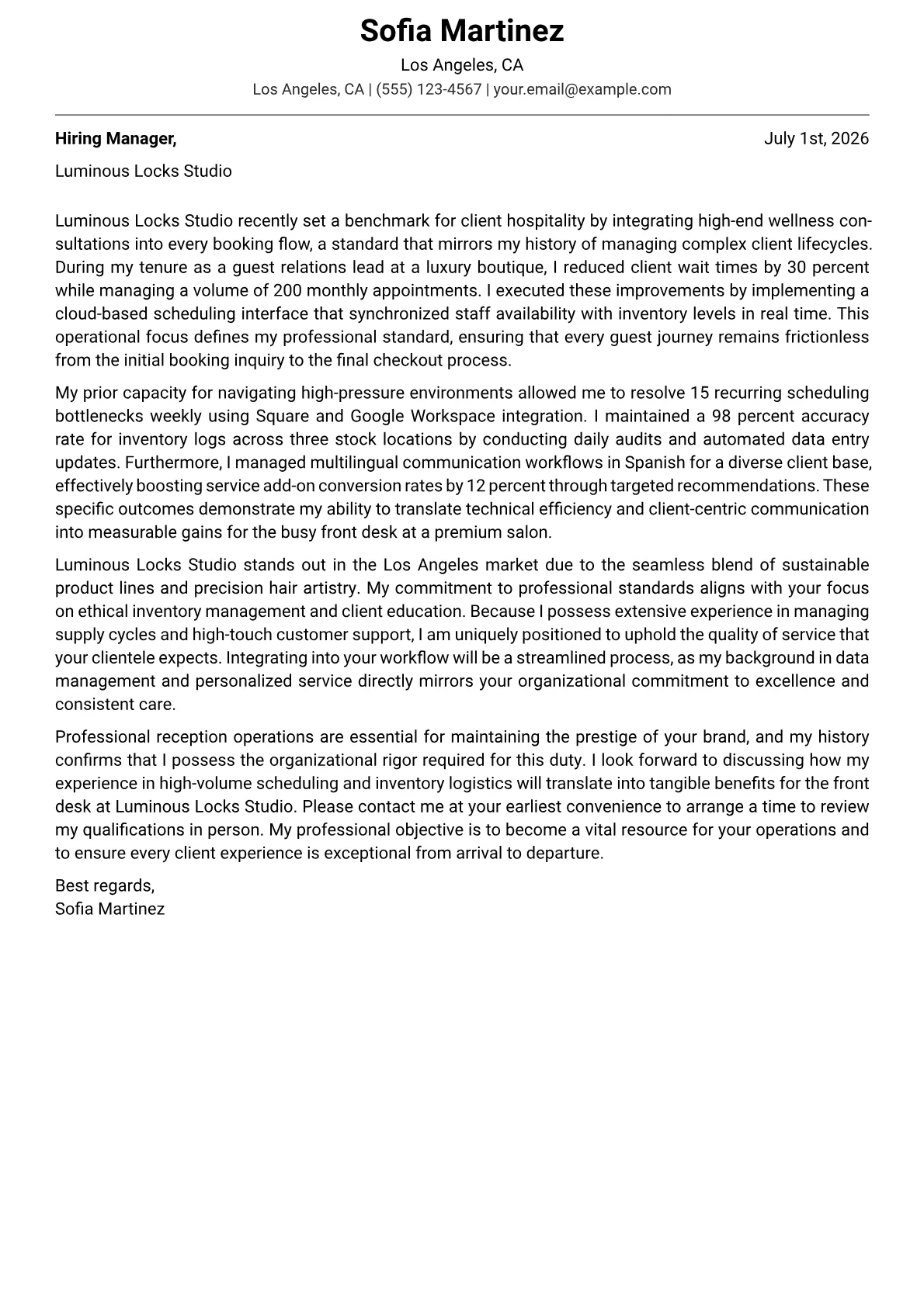 Salon Receptionist cover letter in the Modern design