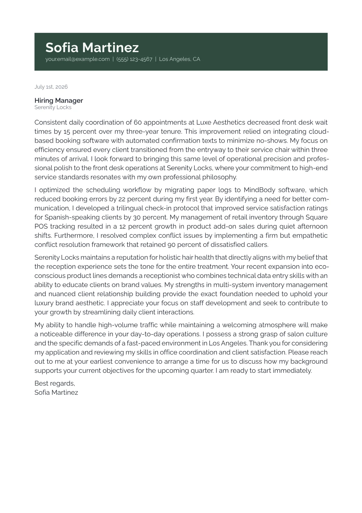 Salon Receptionist cover letter in the Banner design