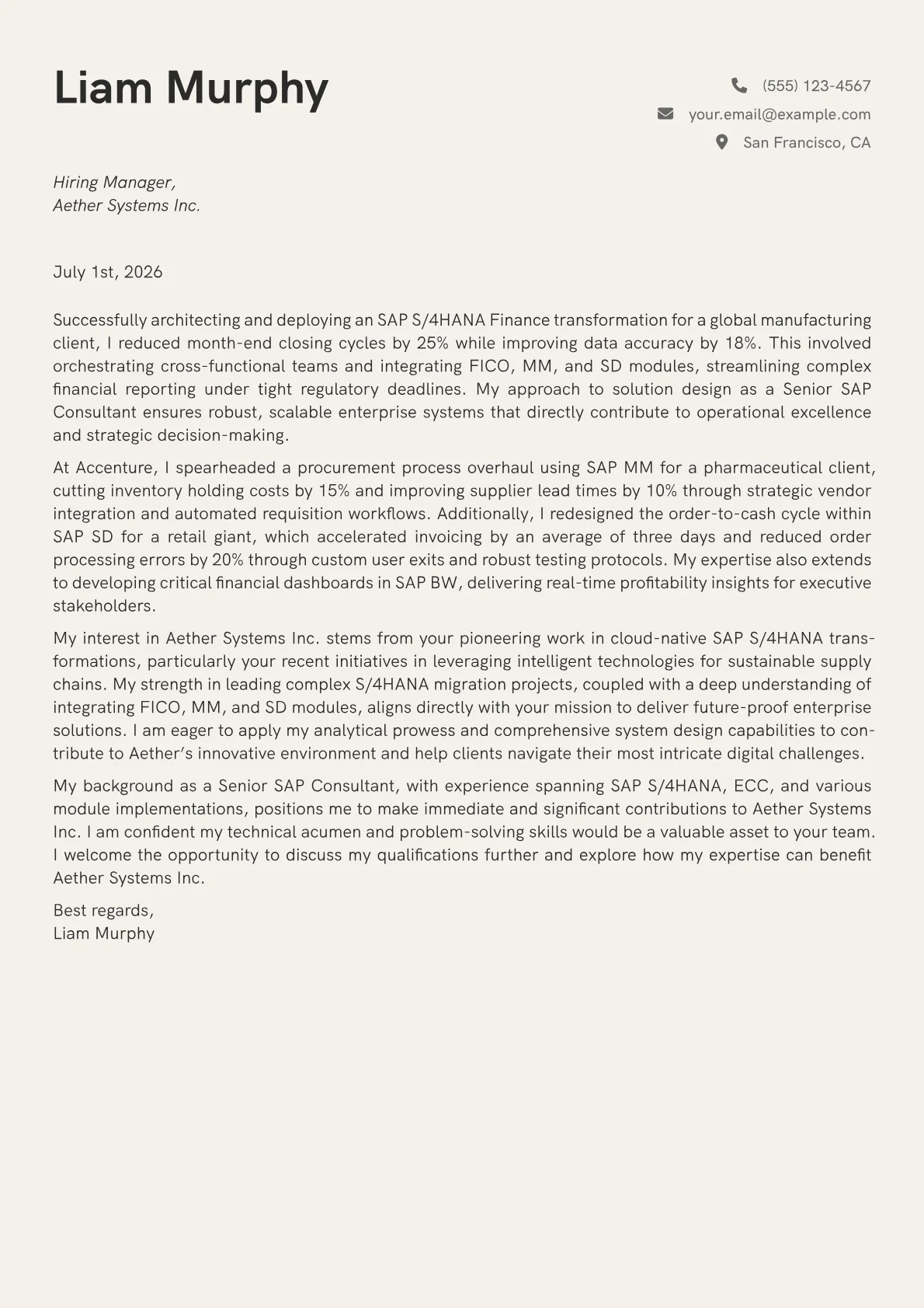 SAP Consultant cover letter formatted with a JobSprout template
