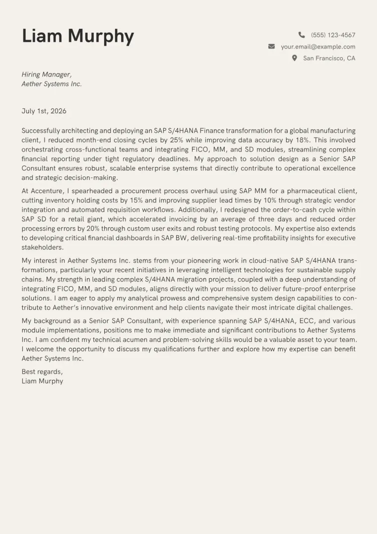 SAP Consultant Cover Letter Example