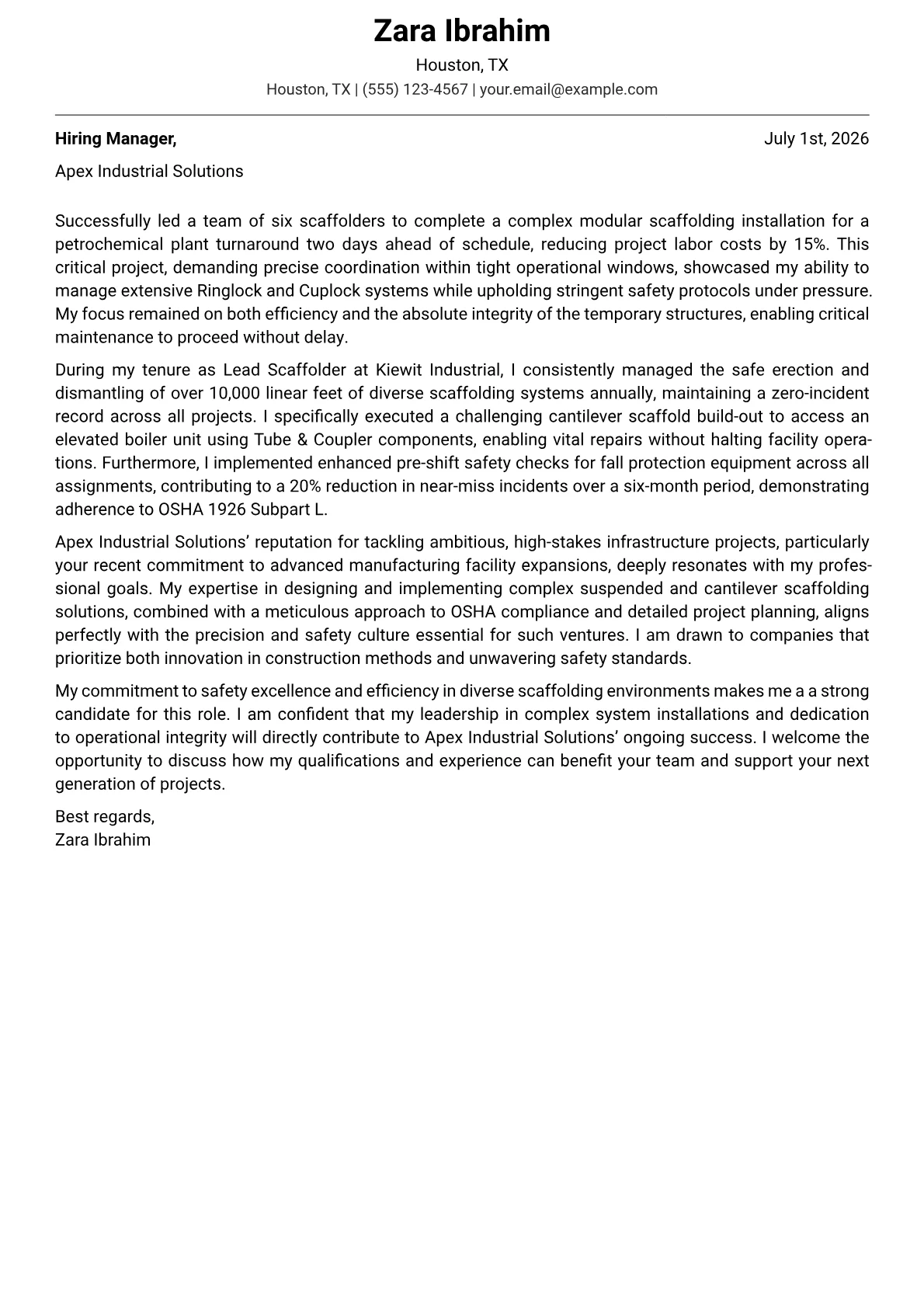 Scaffolder cover letter formatted with a JobSprout template