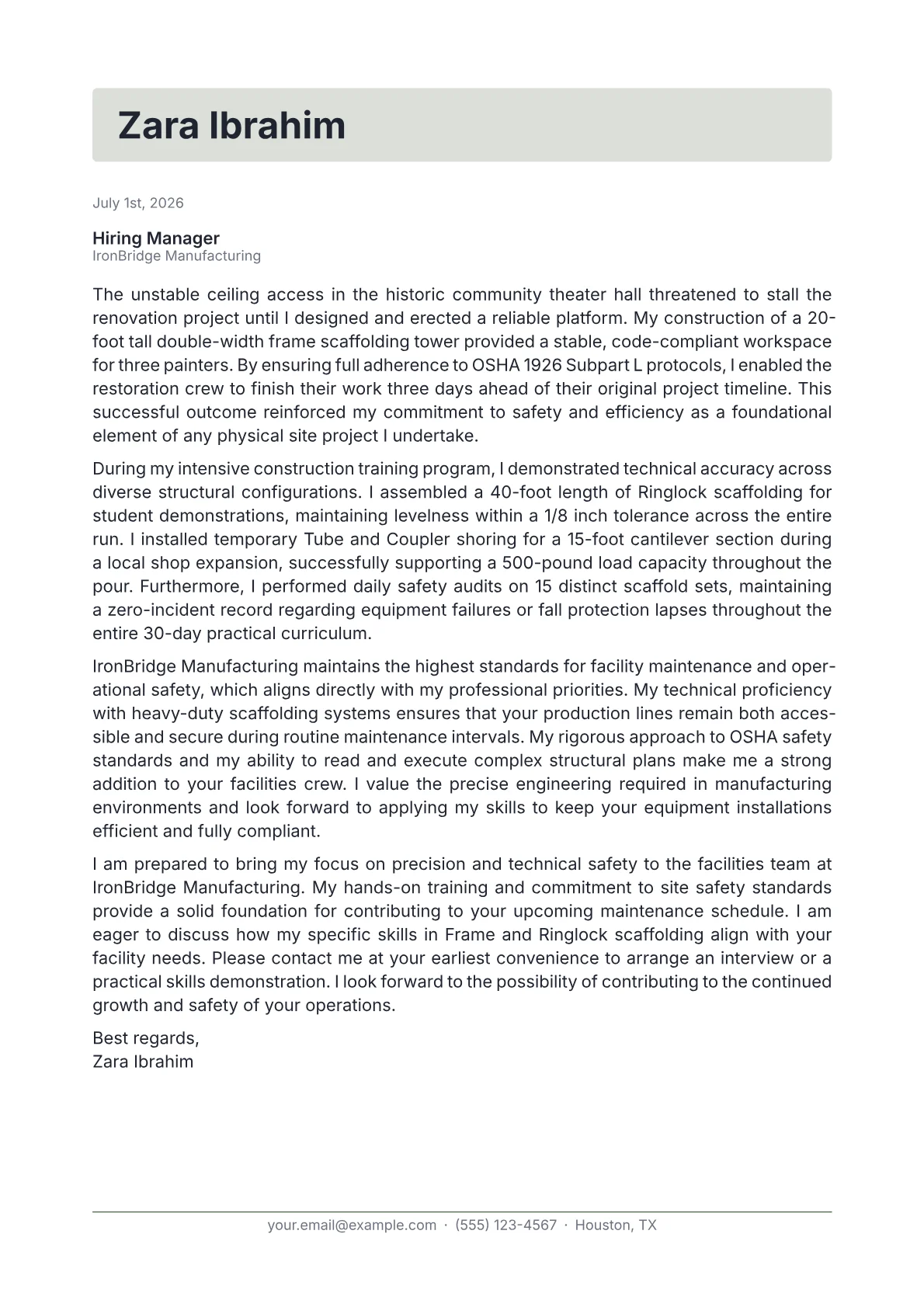 Scaffolder cover letter in the Letterhead design