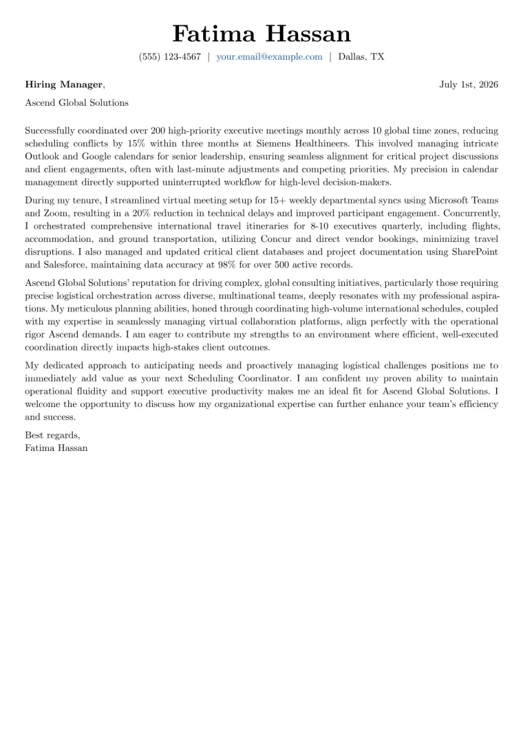 Scheduling Coordinator cover letter example preview