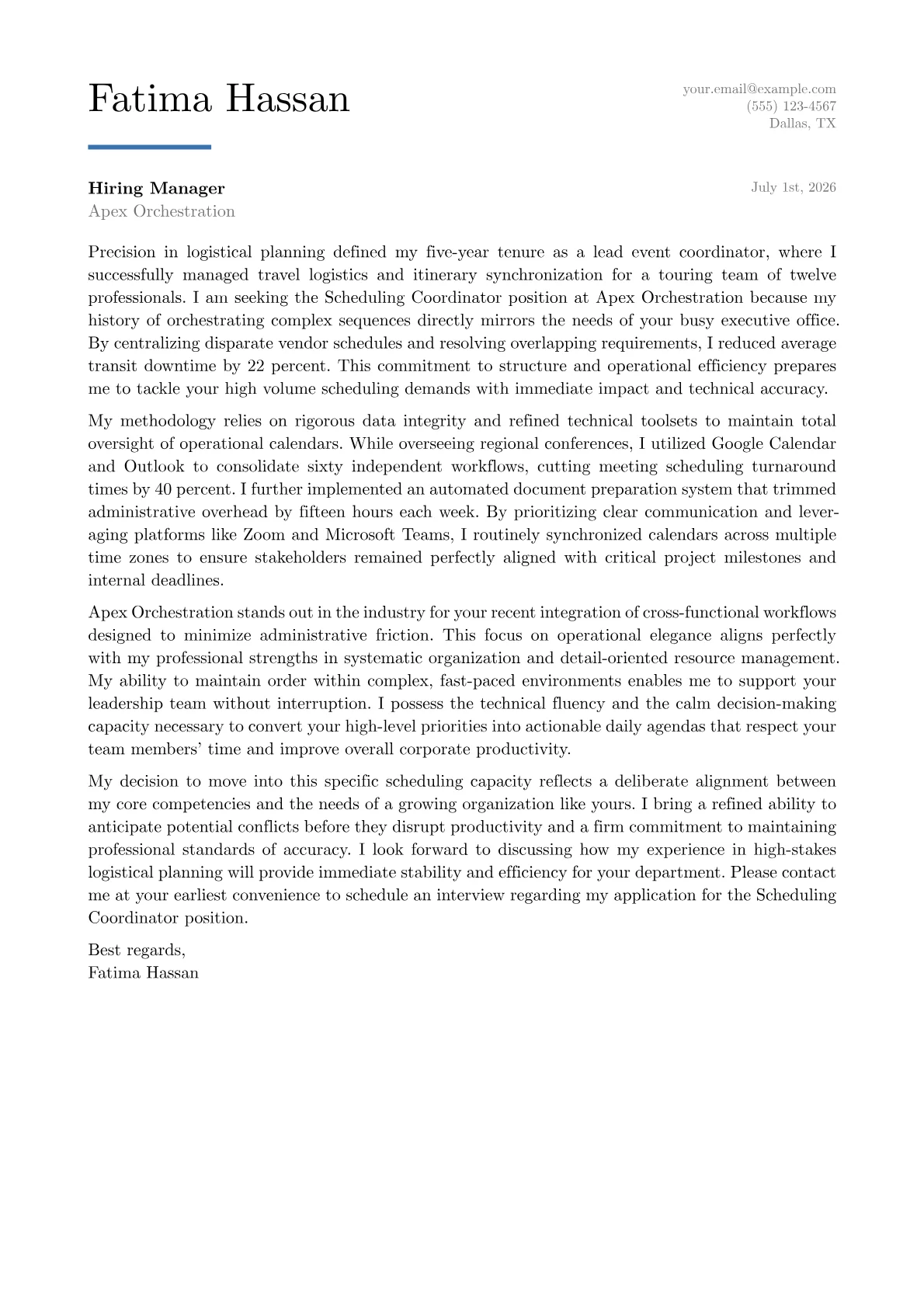 Scheduling Coordinator cover letter in the Executive design