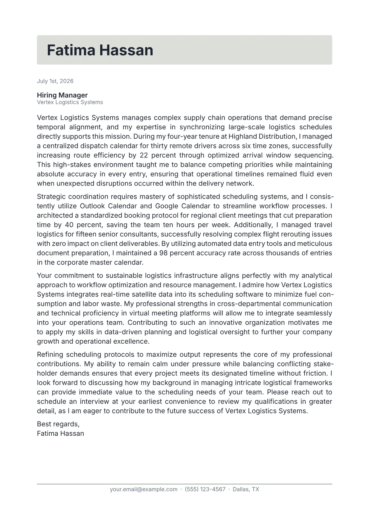 Scheduling Coordinator cover letter in the Letterhead design