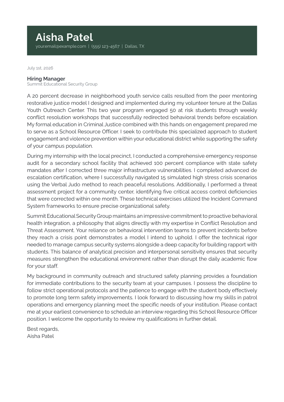School Resource Officer cover letter in the Banner design