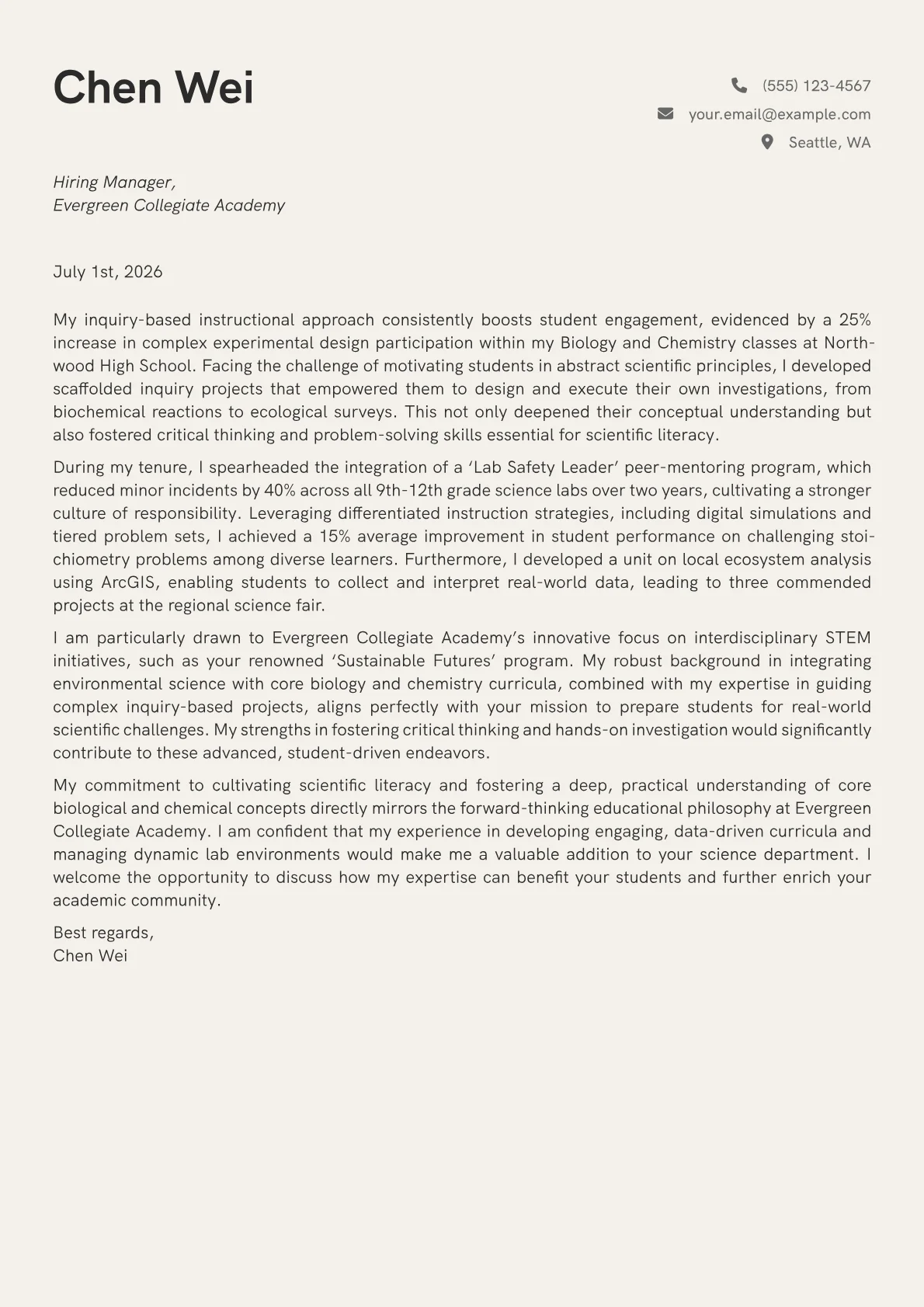 Science Teacher cover letter formatted with a JobSprout template