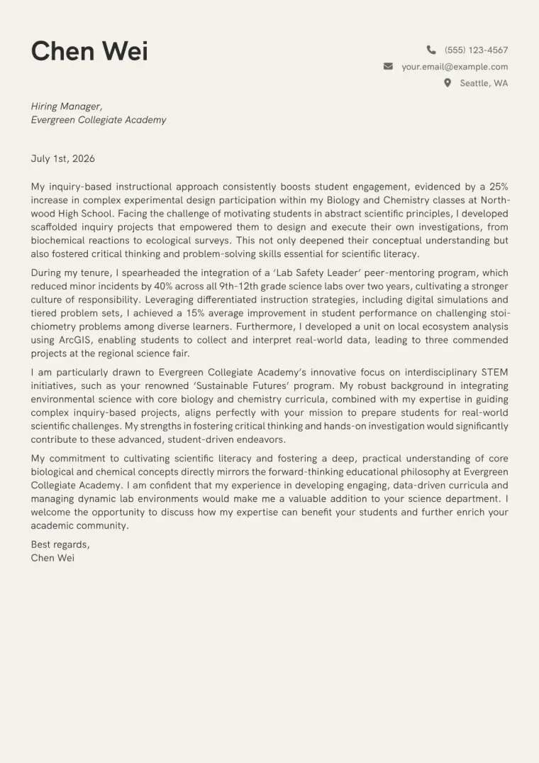 Science Teacher Cover Letter Example