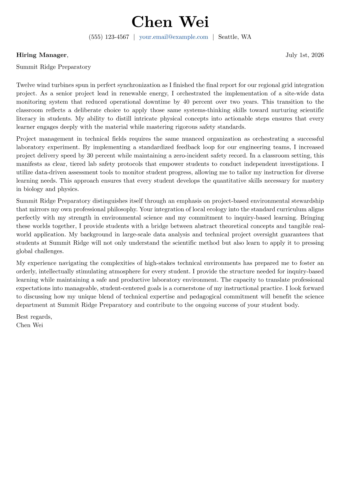Science Teacher cover letter in the Basic design