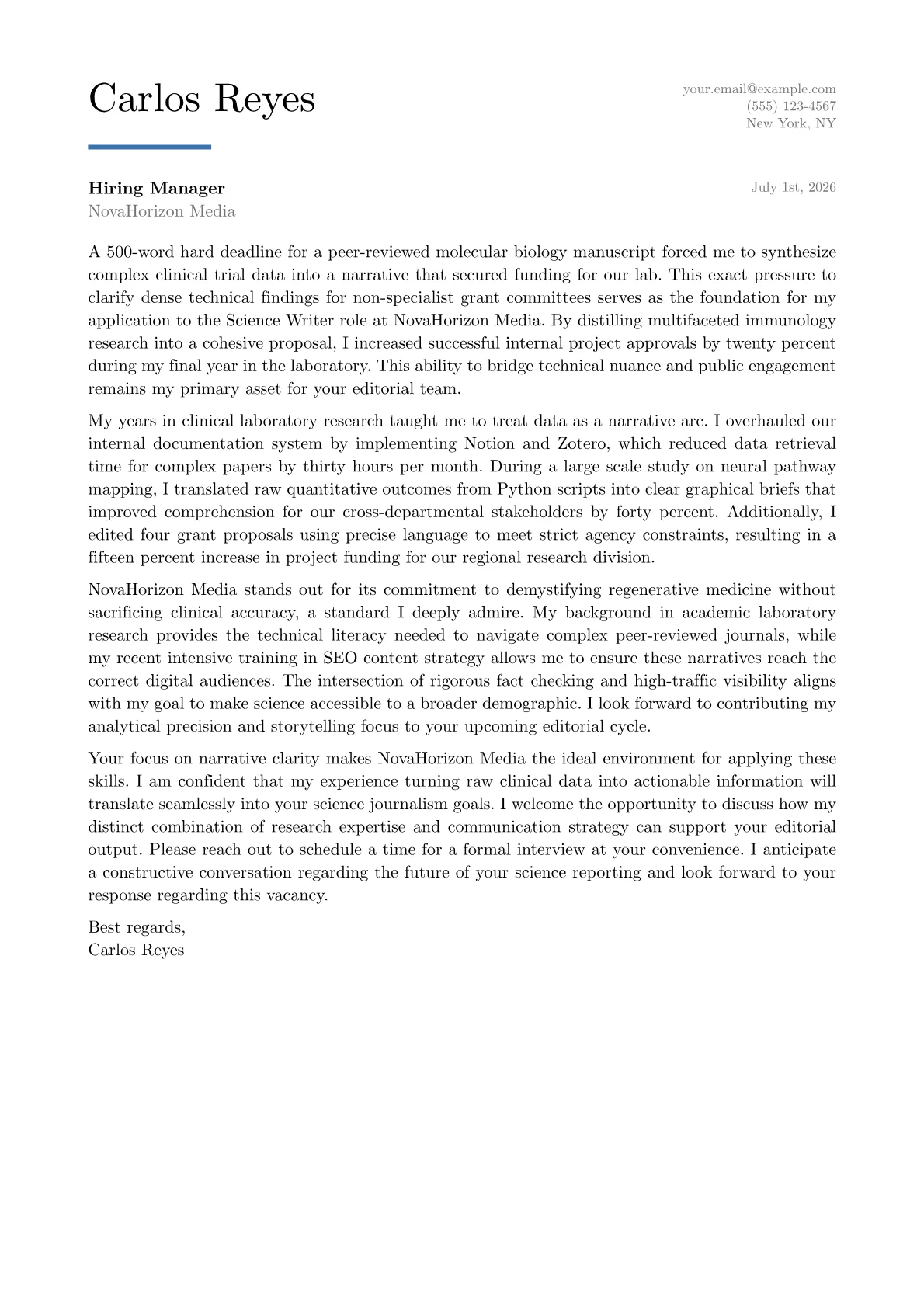 Science Writer cover letter in the Executive design