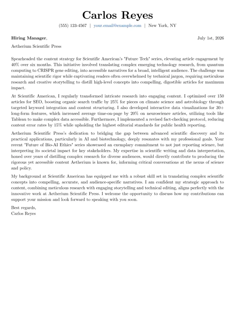 Science Writer cover letter example
