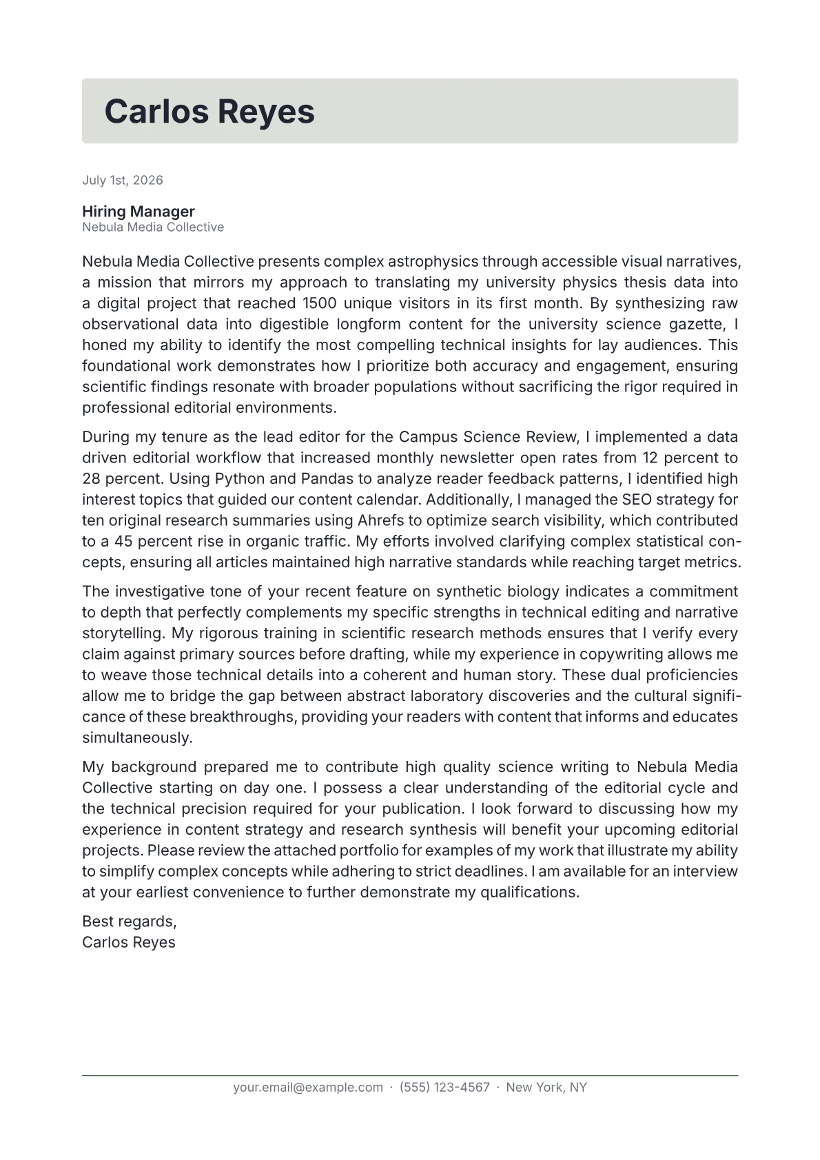 Science Writer cover letter in the Letterhead design