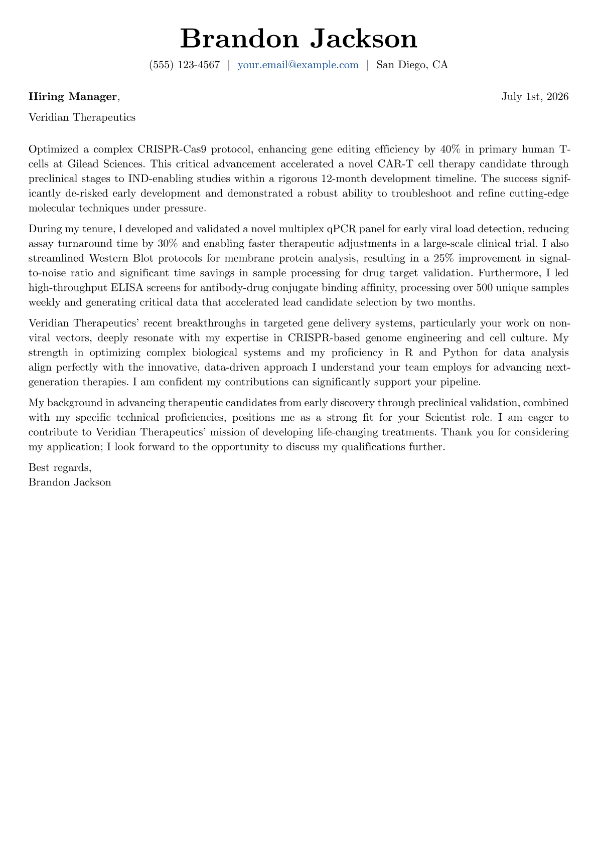Scientist cover letter formatted with a JobSprout template