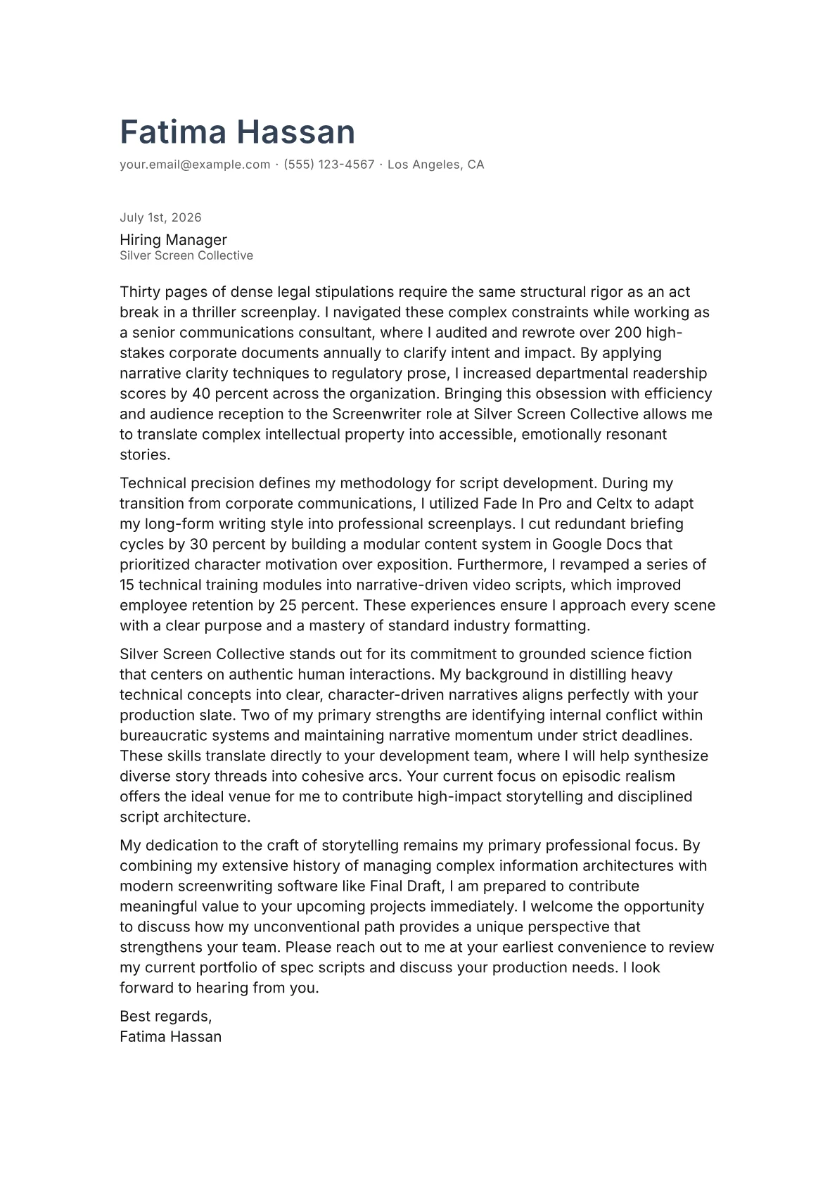 Screenwriter cover letter in the Minimal design