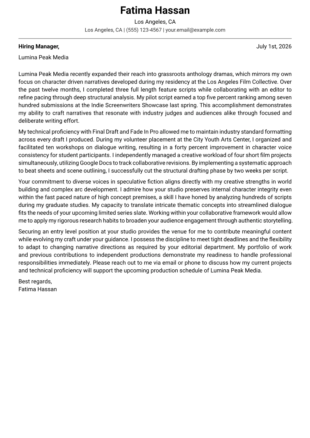 Screenwriter cover letter in the Modern design
