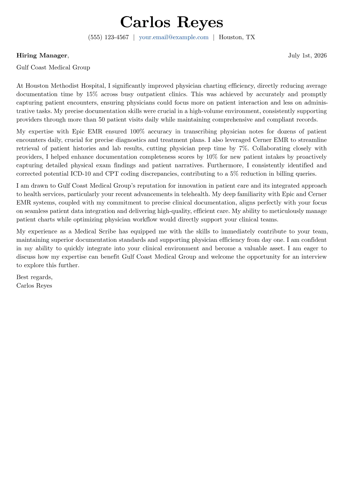 Scribe cover letter formatted with a JobSprout template