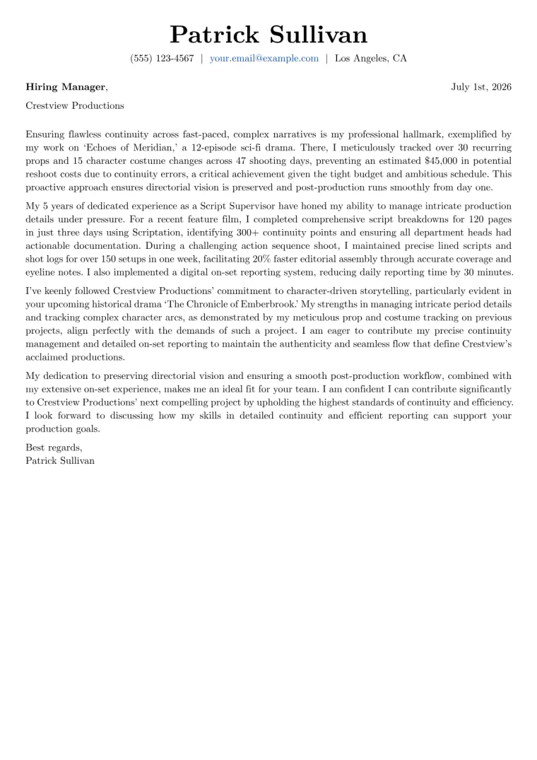 Script Supervisor Cover Letter Example