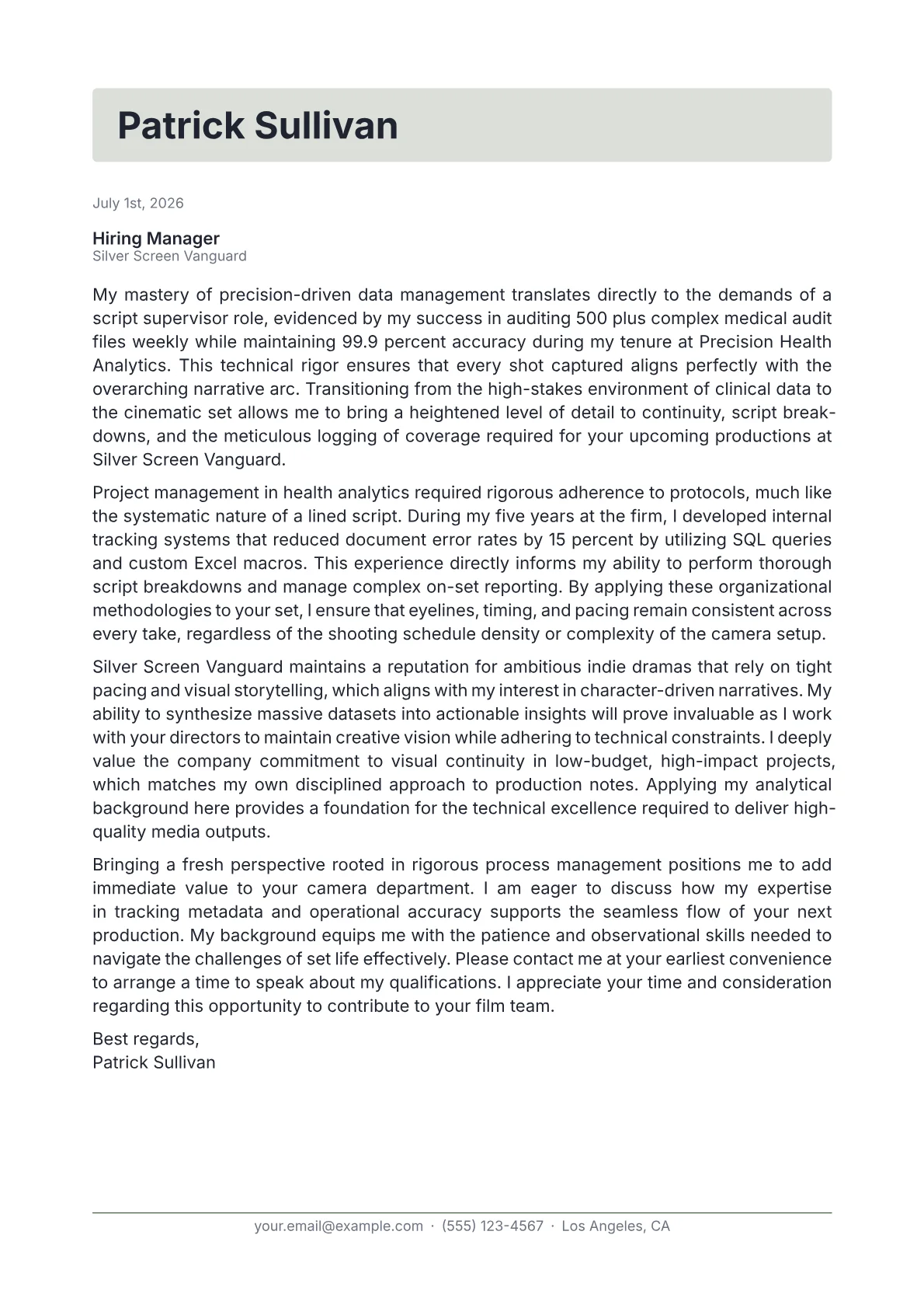 Script Supervisor cover letter in the Letterhead design