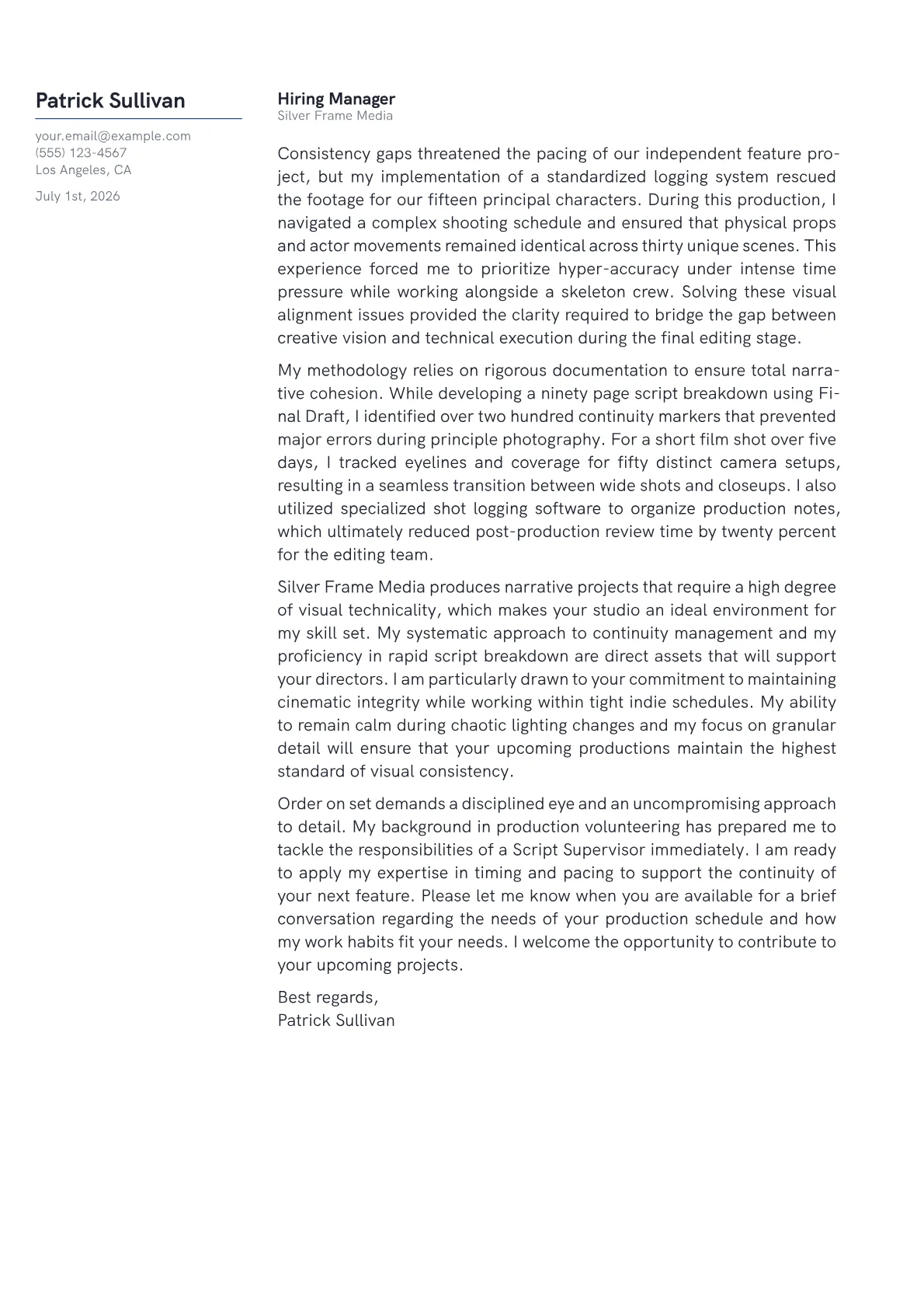 Script Supervisor cover letter in the Margin design