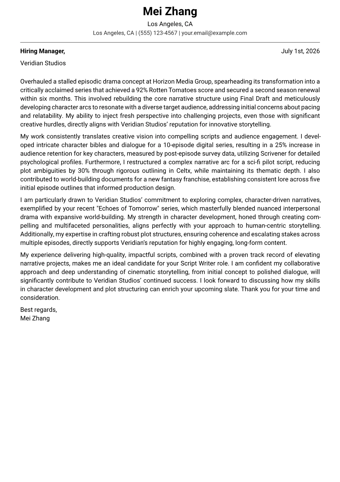 Script Writer cover letter formatted with a JobSprout template
