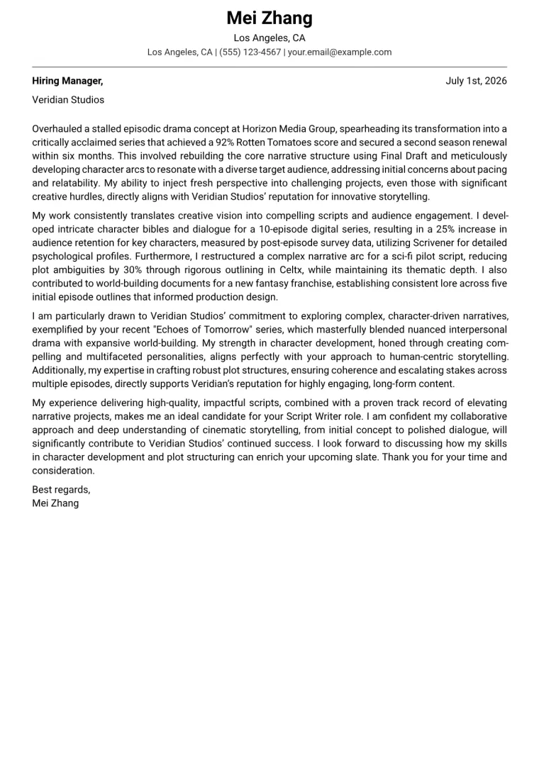 Script Writer cover letter example preview