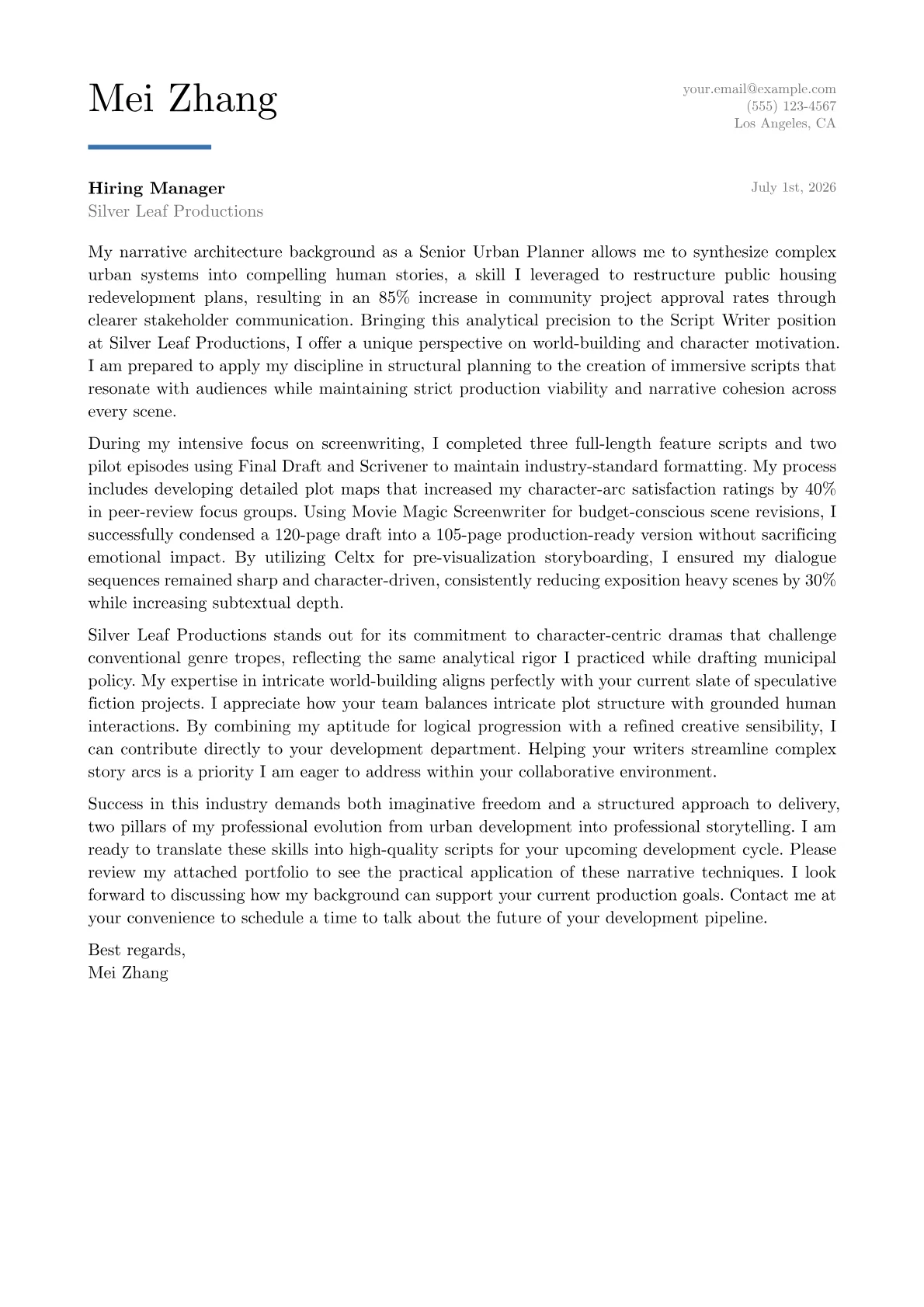 Script Writer cover letter in the Executive design