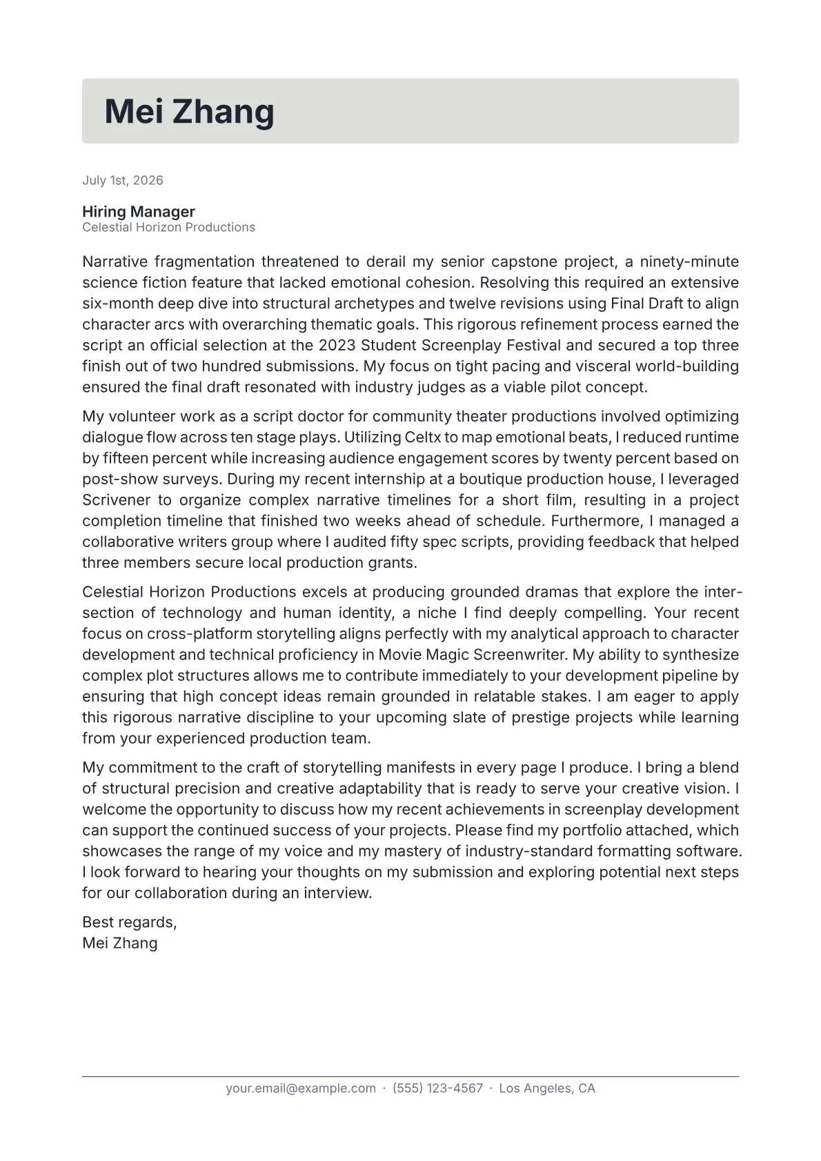 Script Writer cover letter in the Letterhead design