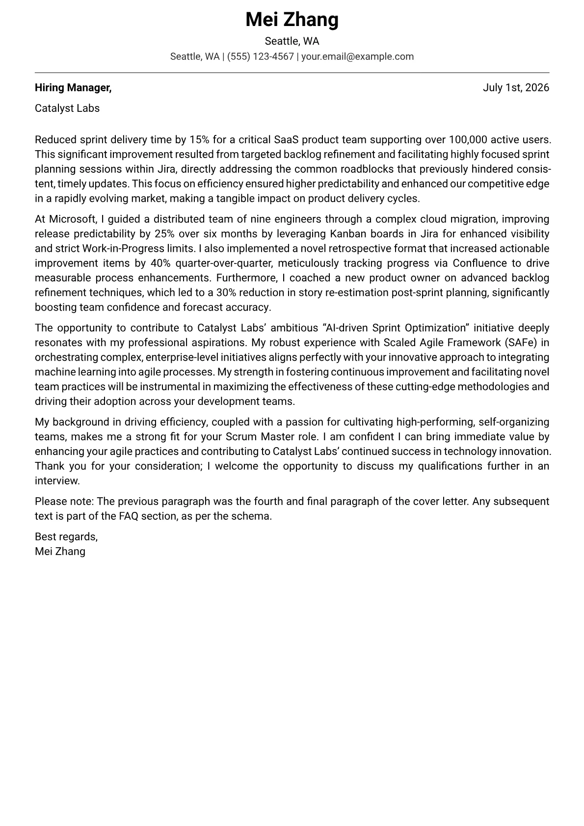 Scrum Master cover letter formatted with a JobSprout template