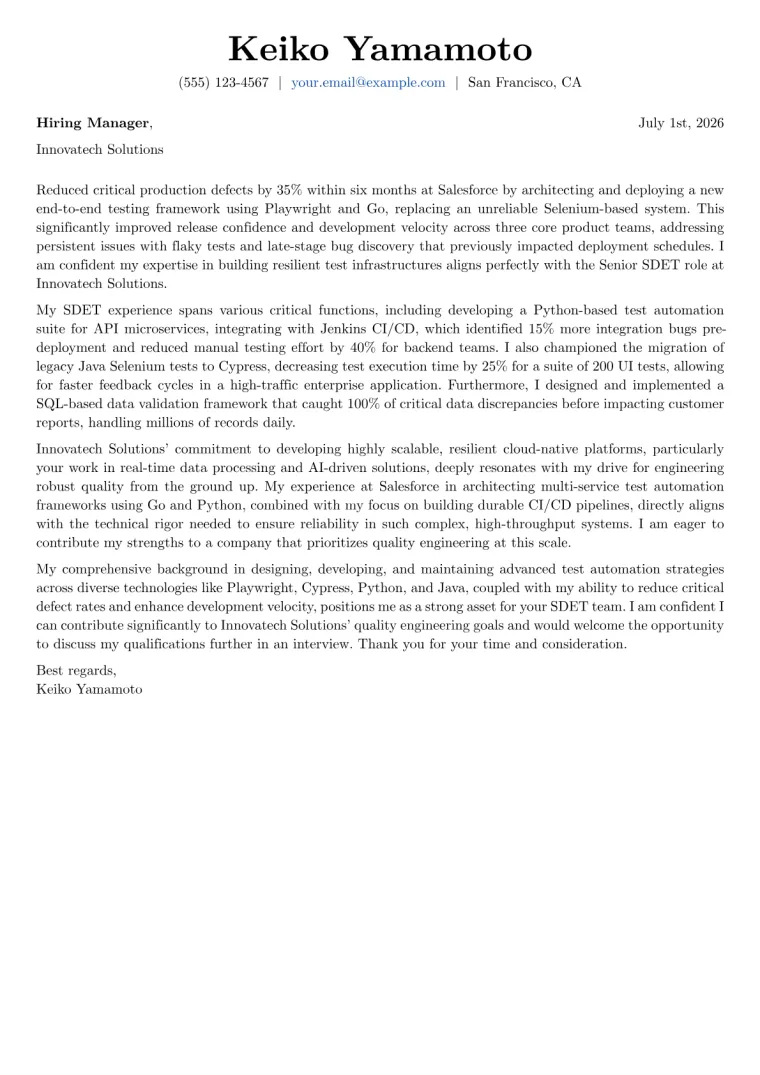 SDET Cover Letter Example