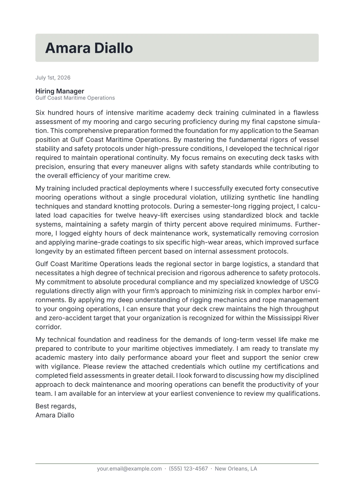 Seaman cover letter in the Letterhead design