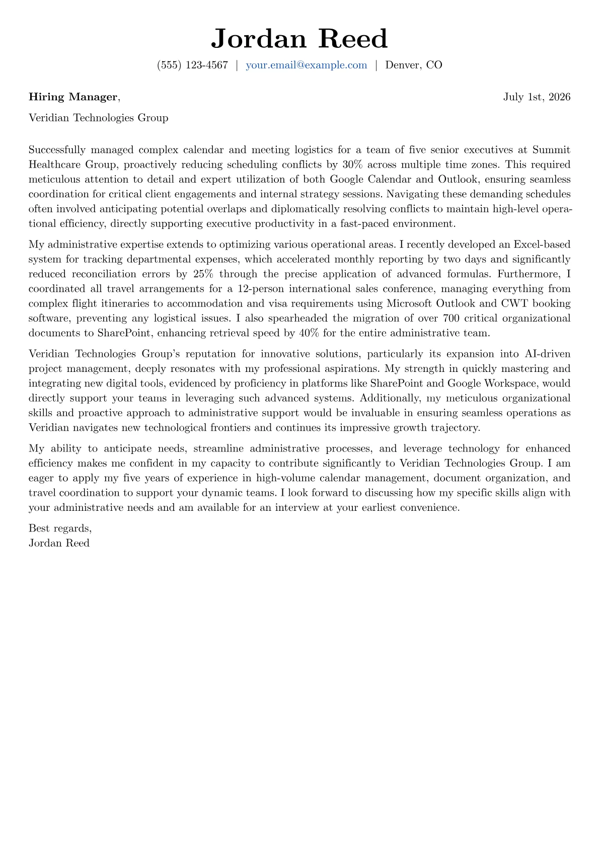 Secretary cover letter formatted with a JobSprout template