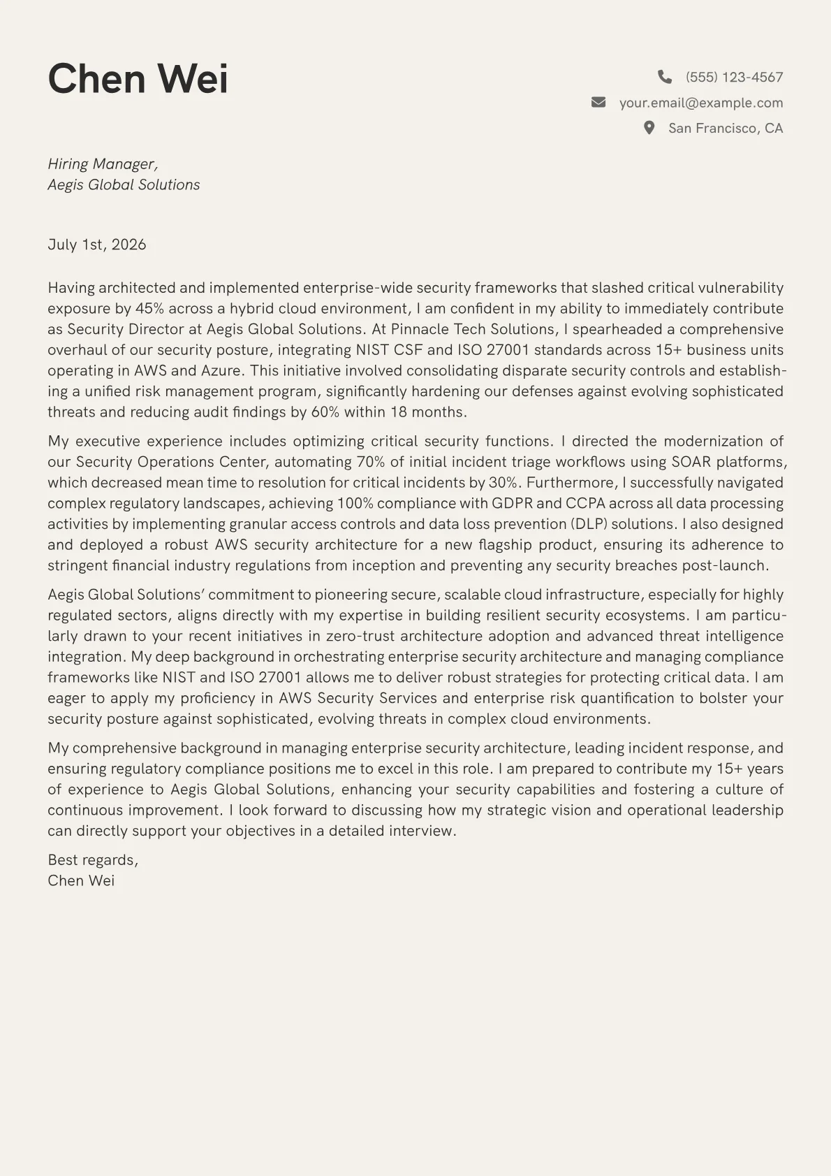 Security Director cover letter formatted with a JobSprout template