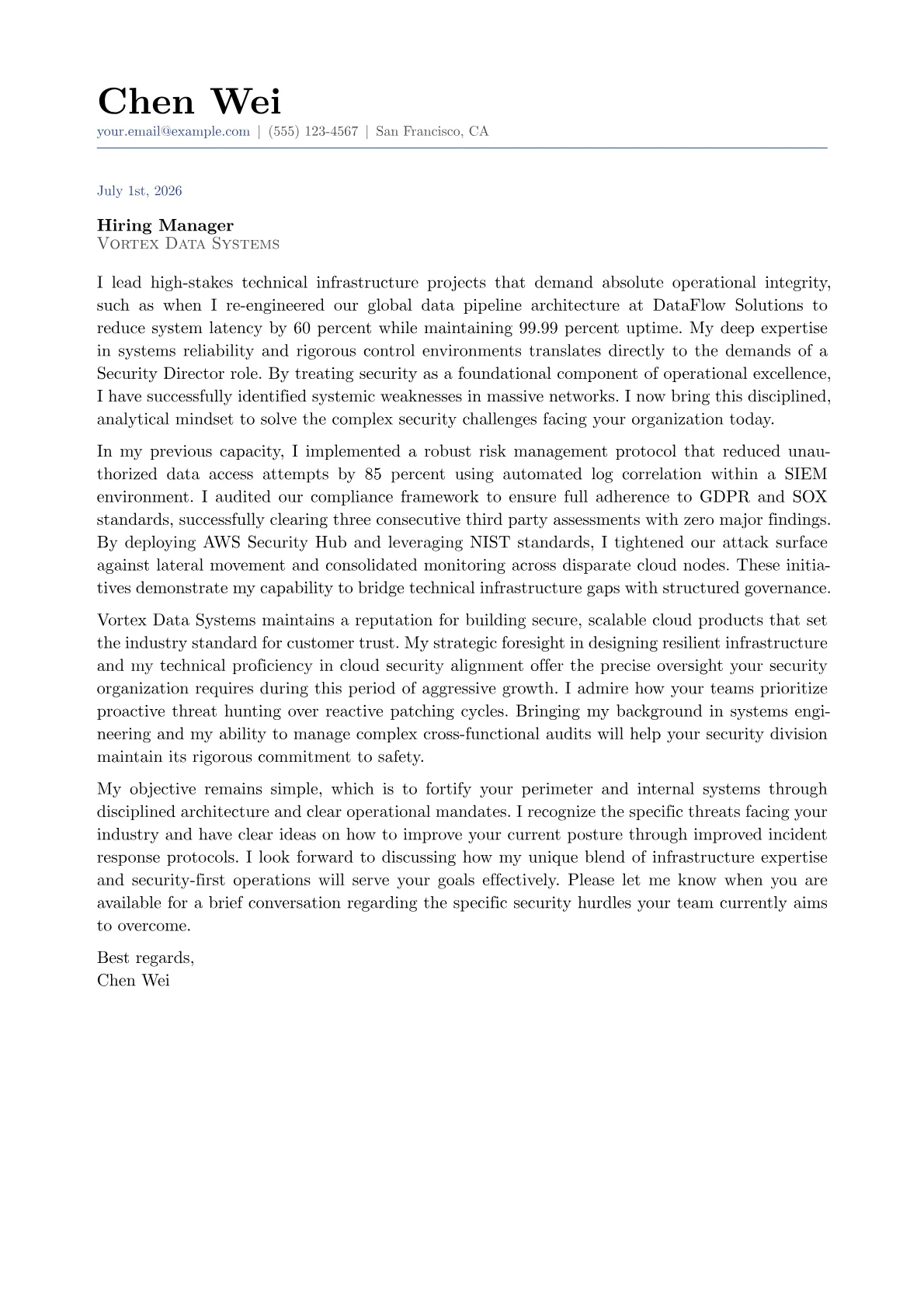 Security Director cover letter in the Classic design