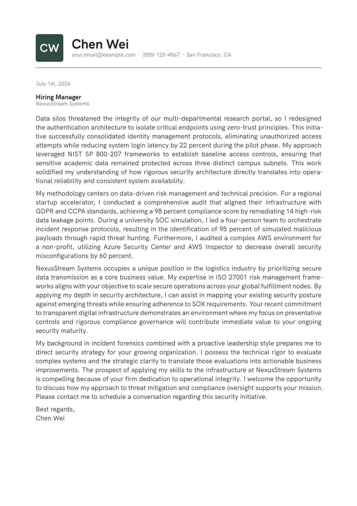 Security Director cover letter in the Emblem design