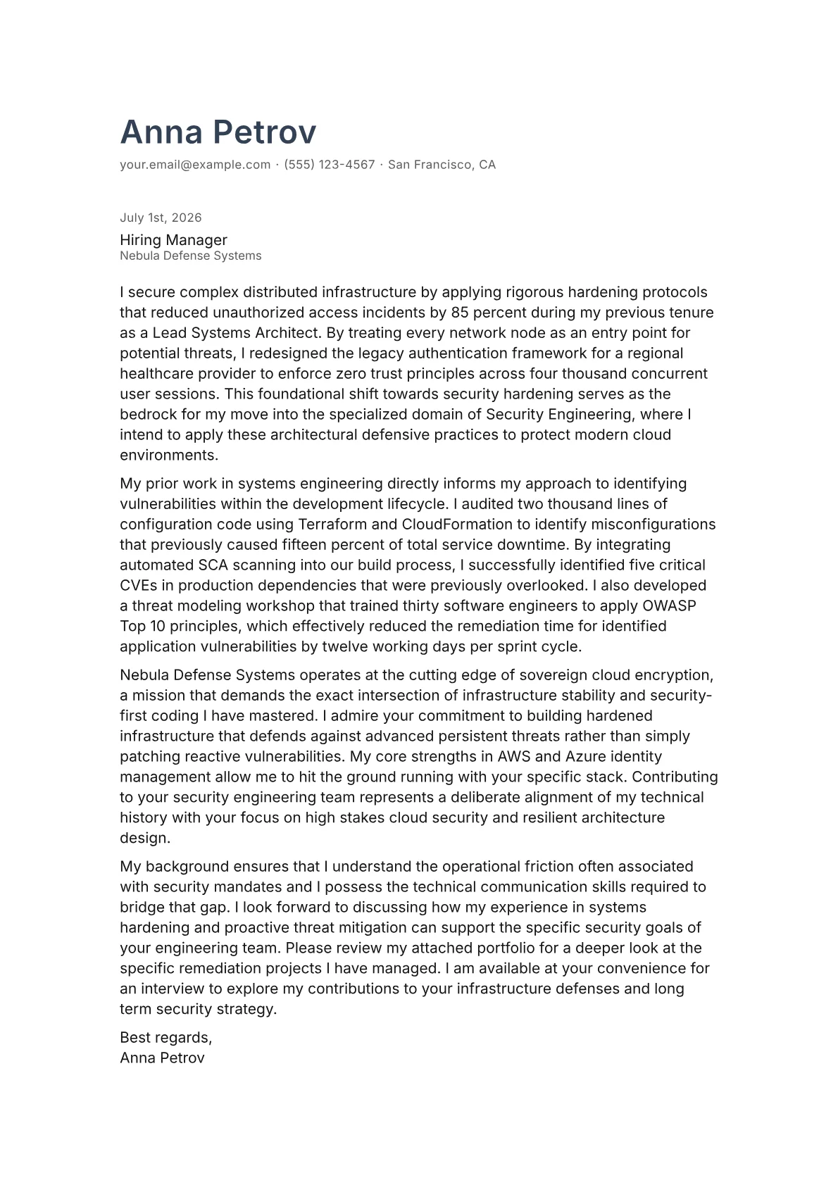 Security Engineer cover letter in the Minimal design